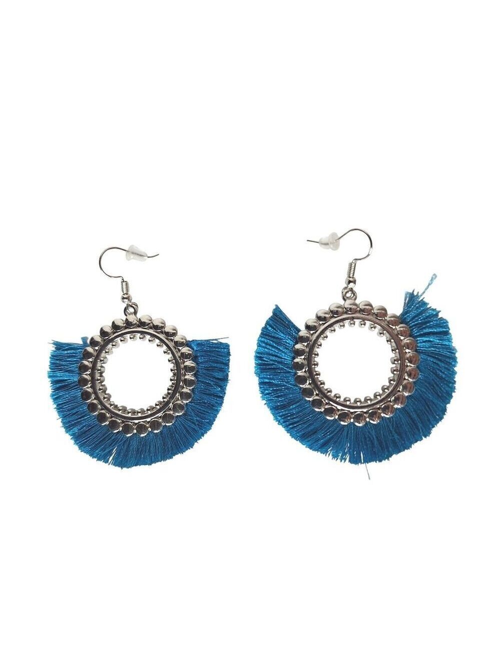 Boho Tassel Earrings Drop Dangle Silver Blue Circle